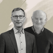 Black-and-white headshots of Tomas Cihlar and Wesley Sundquist collaged onto a pale green and white textured background.